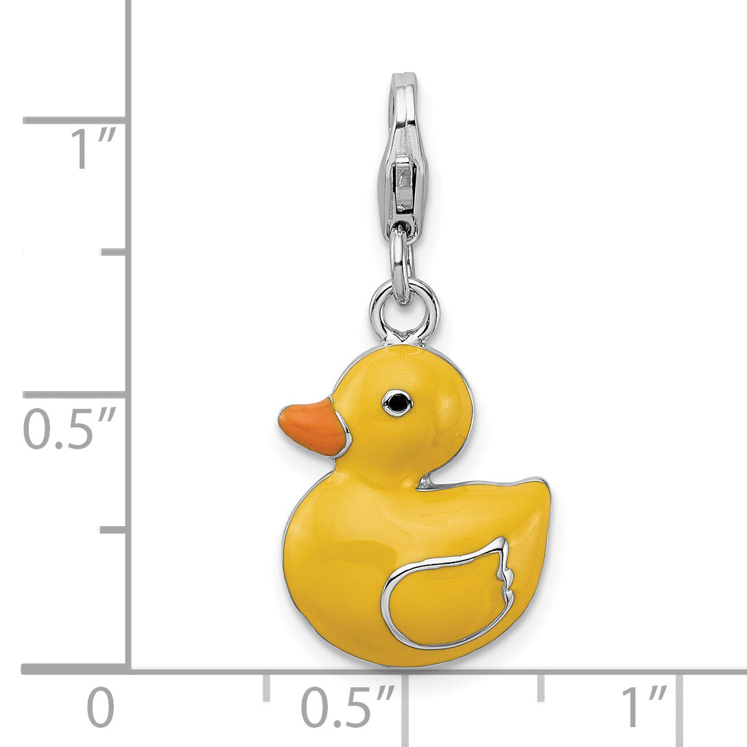 Sterling Silver Amore La Vita Rhodium-Plated Polished Enameled 3-D Duck Charm With Fancy Lobster Clasp