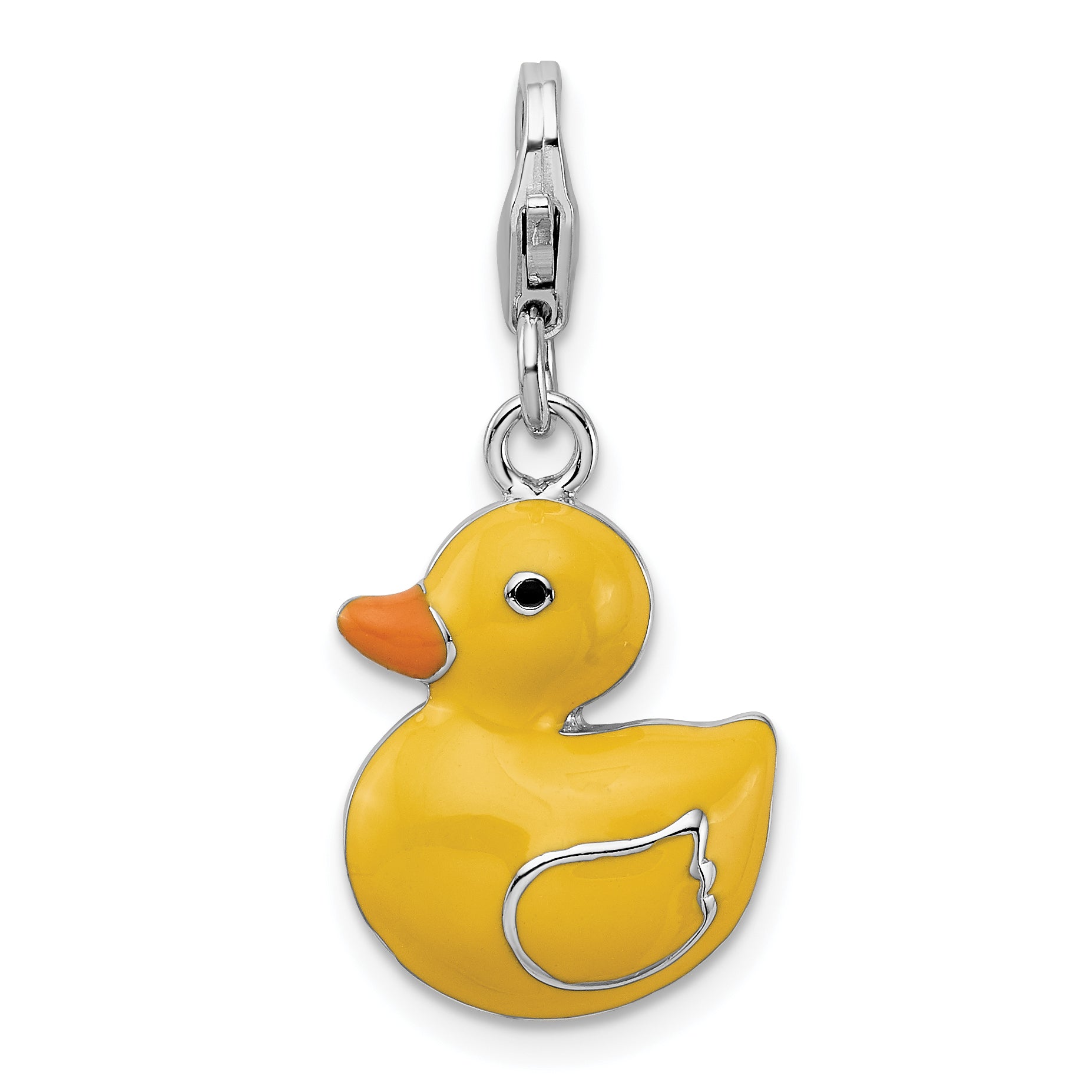 Sterling Silver Amore La Vita Rhodium-Plated Polished Enameled 3-D Duck Charm With Fancy Lobster Clasp