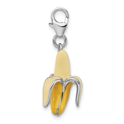 Sterling Silver Amore La Vita Rhodium-Plated Polished 3-D Enameled Peeled Banana Charm With Fancy Lobster Clasp