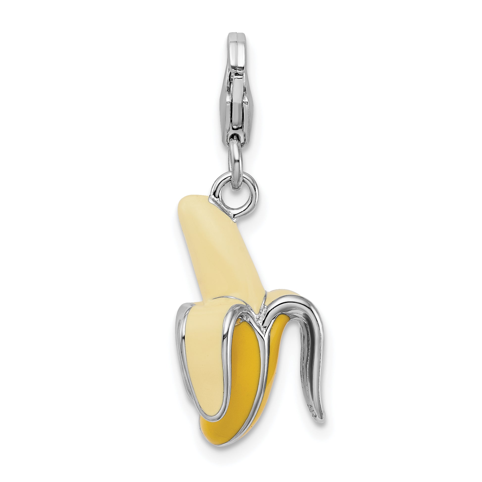 Sterling Silver Amore La Vita Rhodium-Plated Polished 3-D Enameled Peeled Banana Charm With Fancy Lobster Clasp