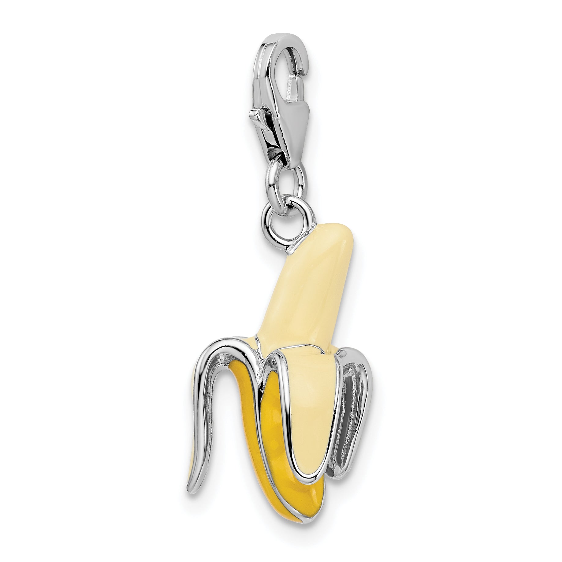 Sterling Silver Amore La Vita Rhodium-Plated Polished 3-D Enameled Peeled Banana Charm With Fancy Lobster Clasp