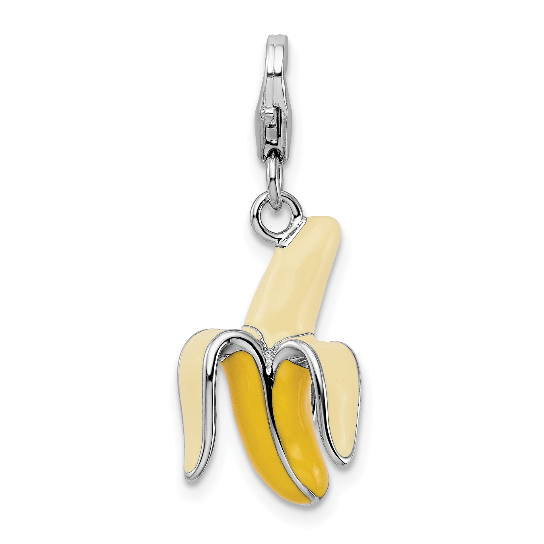 Sterling Silver Amore La Vita Rhodium-Plated Polished 3-D Enameled Peeled Banana Charm With Fancy Lobster Clasp