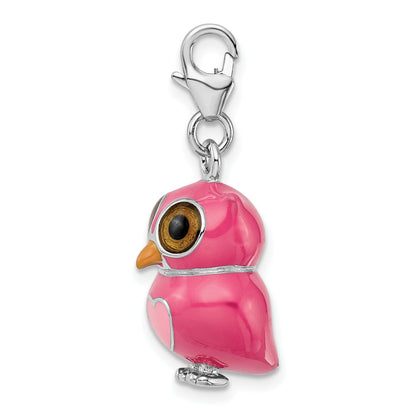Sterling Silver Amore La Vita Rhodium-Plated Polished 3-D Pink Enameled Heart Owl Charm With Fancy Lobster Clasp