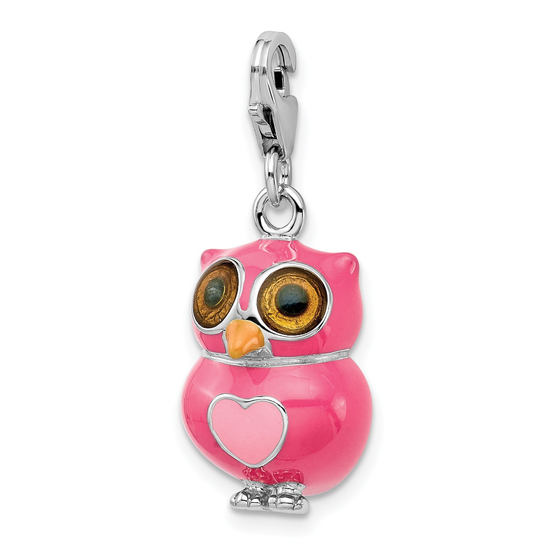Sterling Silver Amore La Vita Rhodium-Plated Polished 3-D Pink Enameled Heart Owl Charm With Fancy Lobster Clasp