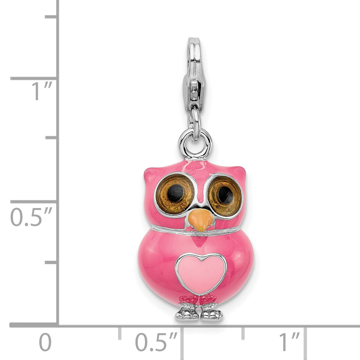 Sterling Silver Amore La Vita Rhodium-Plated Polished 3-D Pink Enameled Heart Owl Charm With Fancy Lobster Clasp