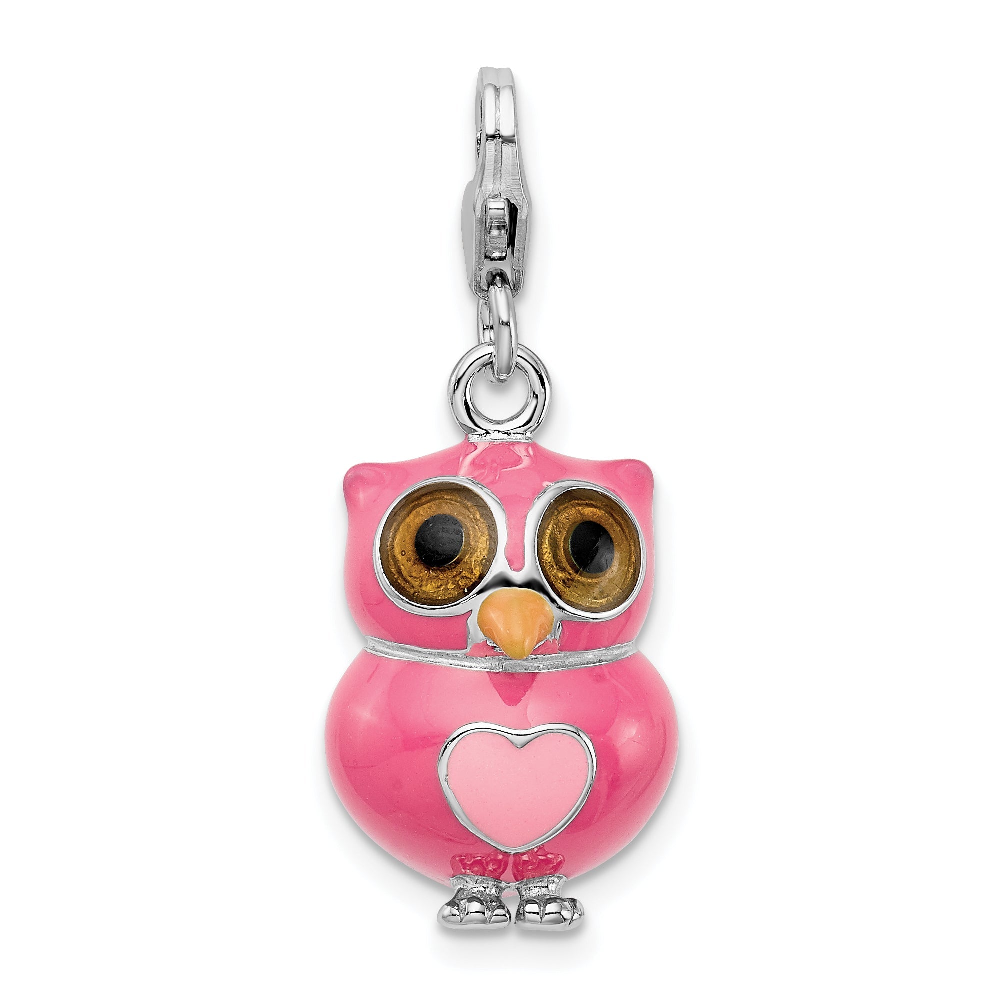 Sterling Silver Amore La Vita Rhodium-Plated Polished 3-D Pink Enameled Heart Owl Charm With Fancy Lobster Clasp