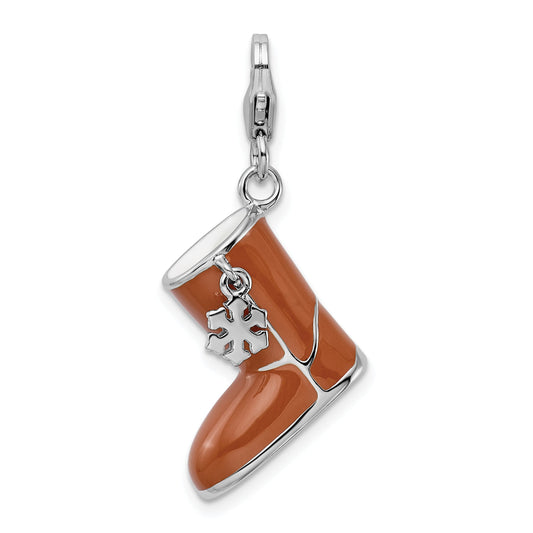 Sterling Silver Amore La Vita Rhodium-Plated Polished 3-D Enameled Snow Boot Charm With Fancy Lobster Clasp