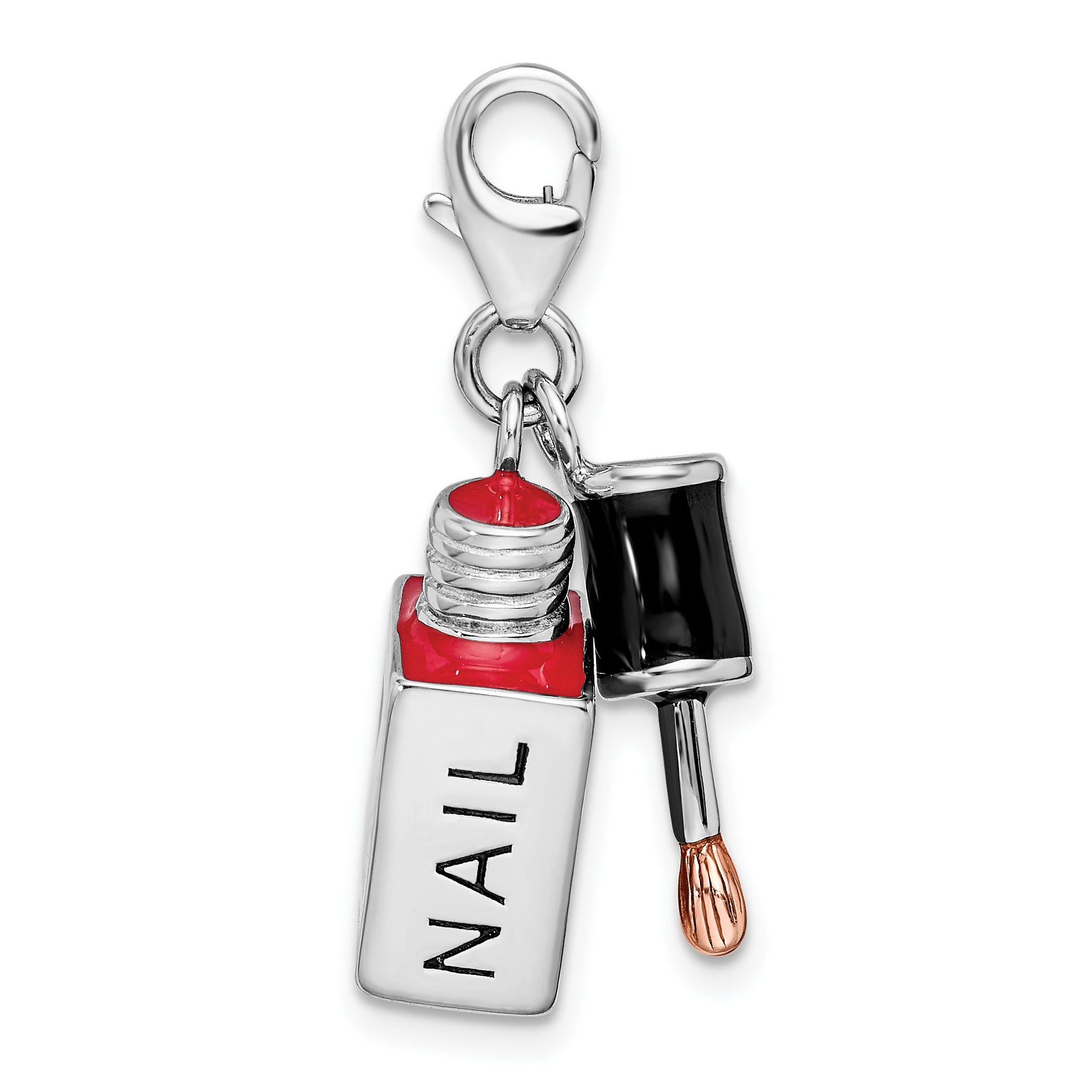Sterling Silver Amore La Vita Rhodium-Plated Polished 3-D Enameled Fingernail Polish Charm With Fancy Lobster Clasp