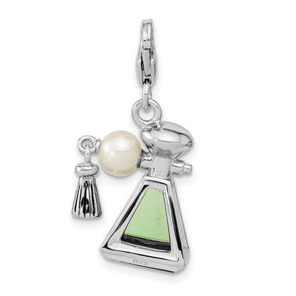 Sterling Silver Amore La Vita Rhodium-Plated Polished 3-D Perfume Freshwater Cultured Pearl Bottle Charm With Fancy Lobster Clasp