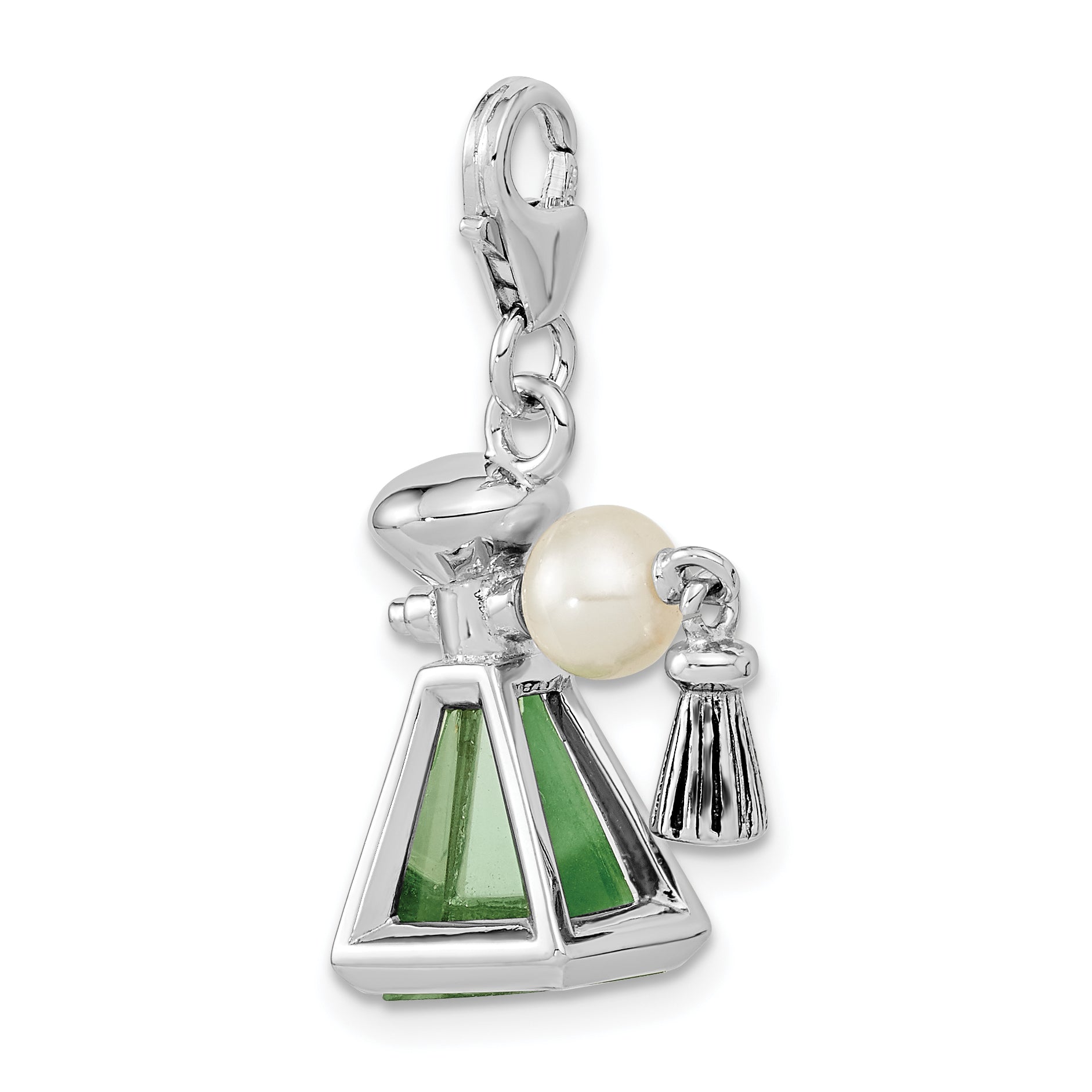 Sterling Silver Amore La Vita Rhodium-Plated Polished 3-D Perfume Freshwater Cultured Pearl Bottle Charm With Fancy Lobster Clasp