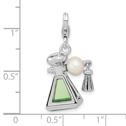 Sterling Silver Amore La Vita Rhodium-Plated Polished 3-D Perfume Freshwater Cultured Pearl Bottle Charm With Fancy Lobster Clasp