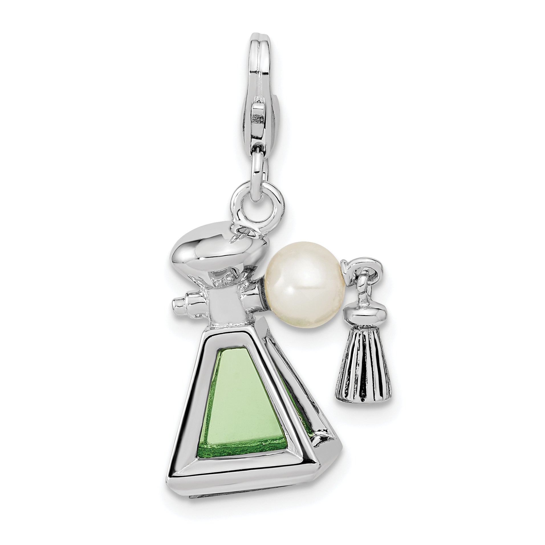 Sterling Silver Amore La Vita Rhodium-Plated Polished 3-D Perfume Freshwater Cultured Pearl Bottle Charm With Fancy Lobster Clasp