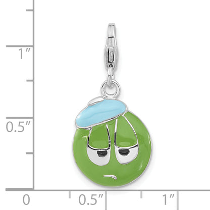 Sterling Silver Enameled 3-D Sad Face W/ Lobster Clasp Charm