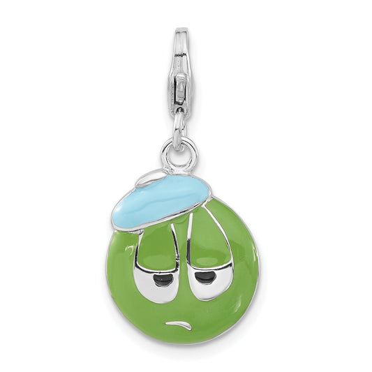 Sterling Silver Enameled 3-D Sad Face W/ Lobster Clasp Charm