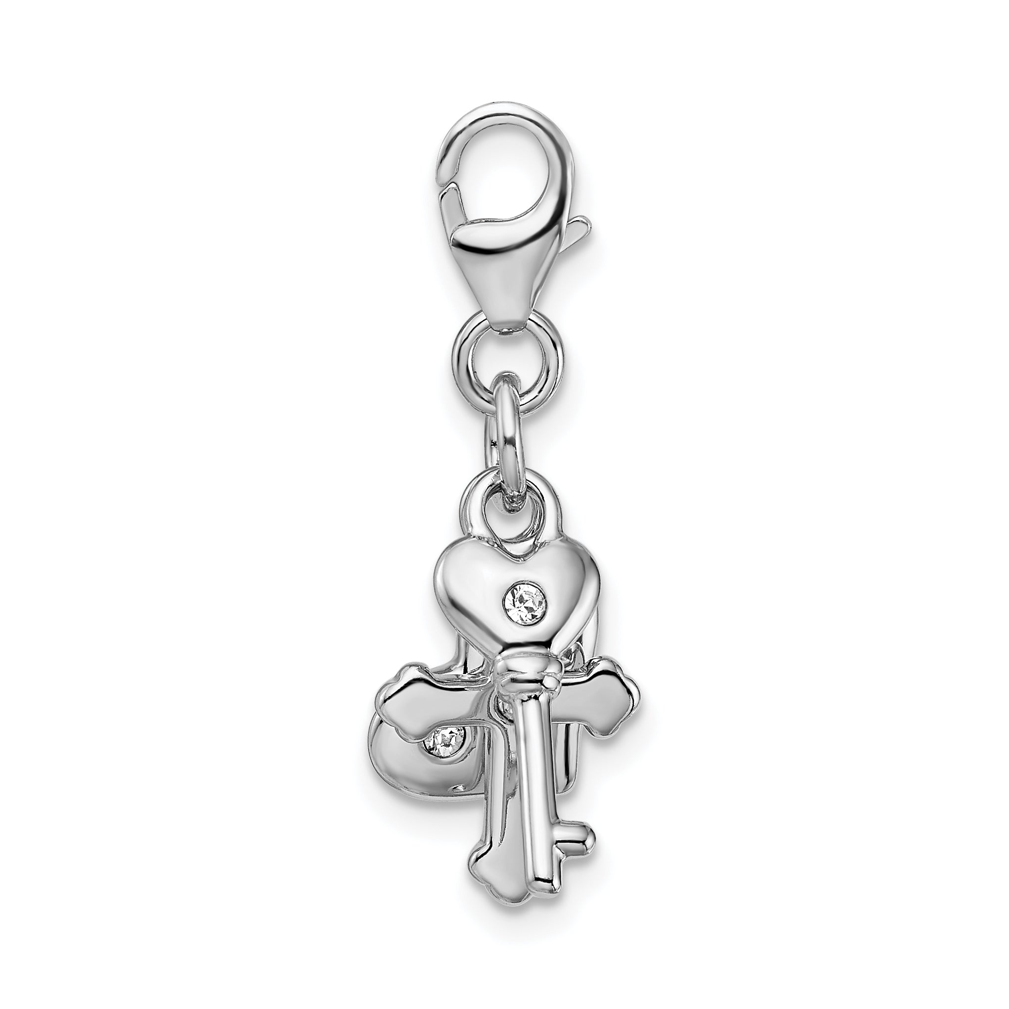 Sterling Silver Amore La Vita Rhodium-Plated Polished Heart Cross And Key With Crystal From Swarovski Charm Fancy Lobster Clasp