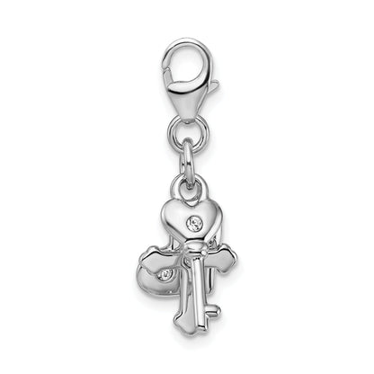 Sterling Silver Amore La Vita Rhodium-Plated Polished Heart Cross And Key With Crystal From Swarovski Charm Fancy Lobster Clasp