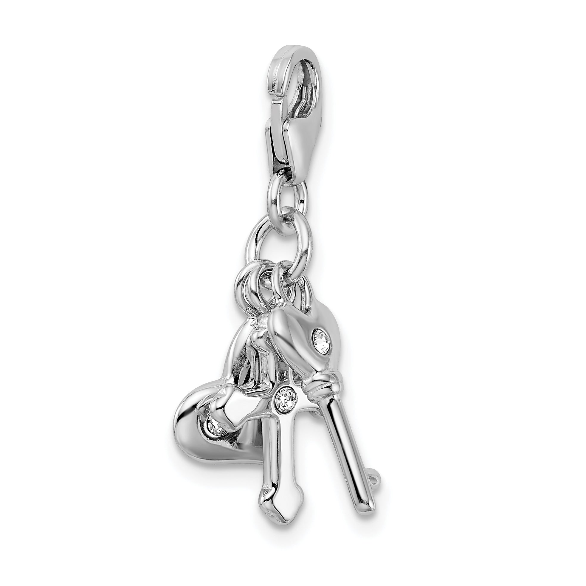Sterling Silver Amore La Vita Rhodium-Plated Polished Heart Cross And Key With Crystal From Swarovski Charm Fancy Lobster Clasp