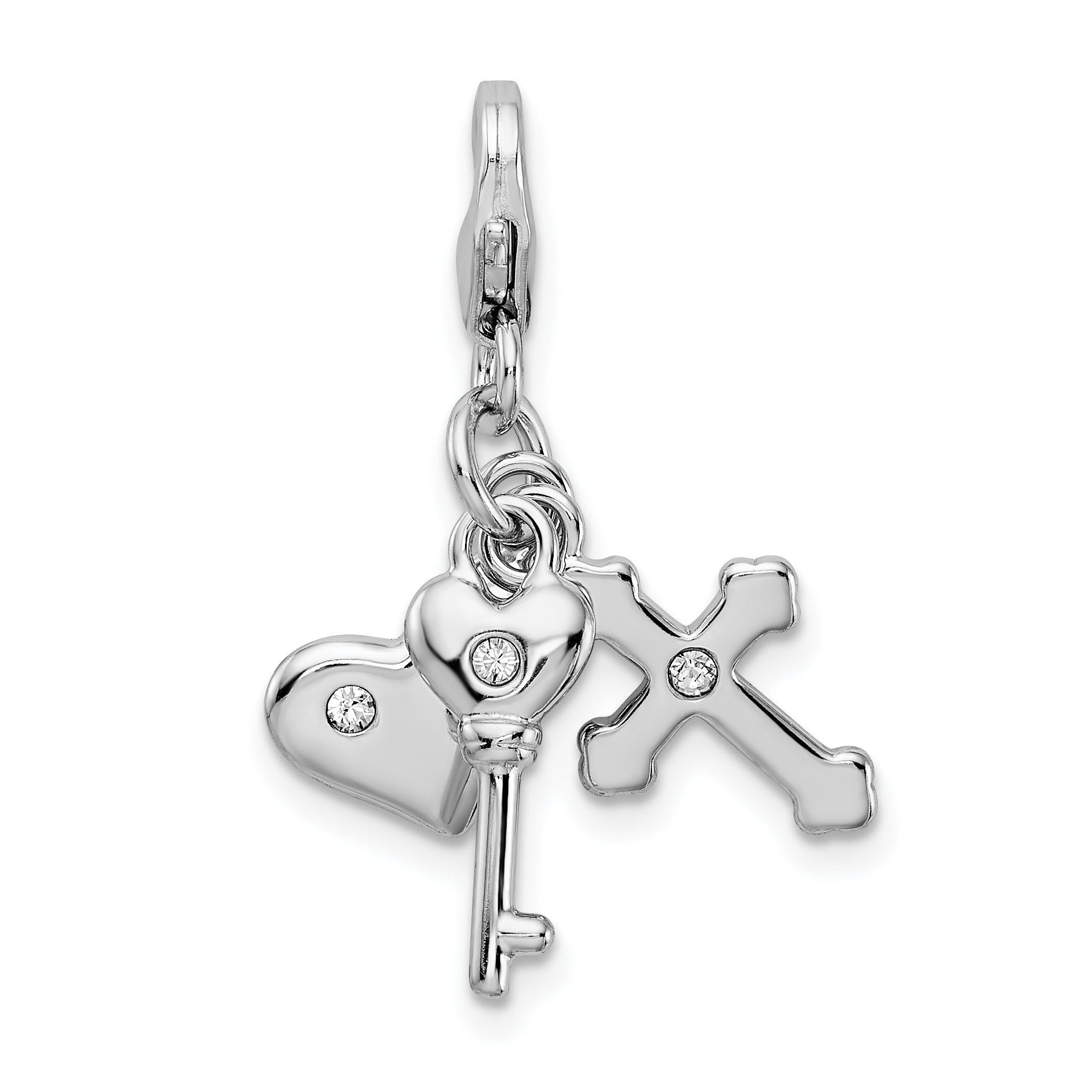 Sterling Silver Amore La Vita Rhodium-Plated Polished Heart Cross And Key With Crystal From Swarovski Charm Fancy Lobster Clasp