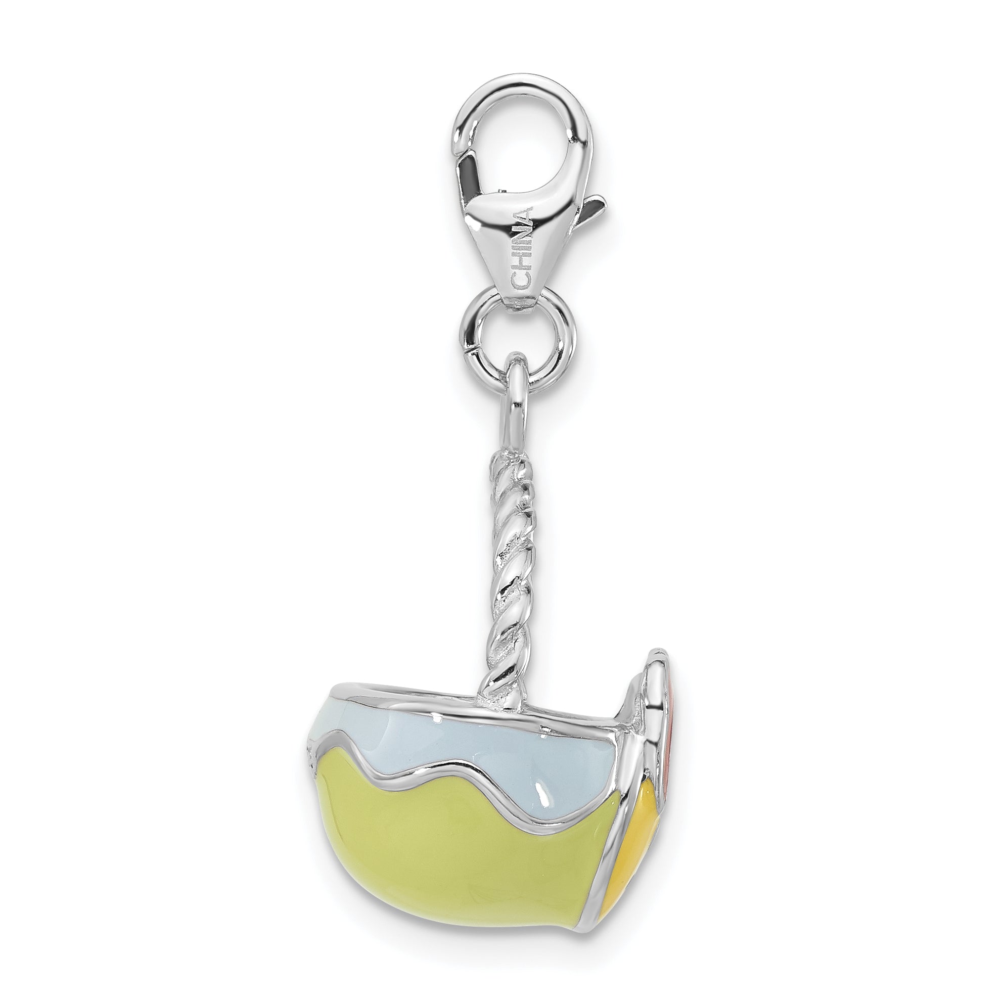 Sterling Silver Enameled 3-D Baby Hen Basket Charm W/Lobster Clasp