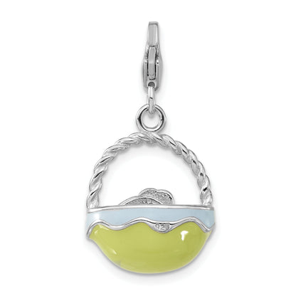 Sterling Silver Enameled 3-D Baby Hen Basket Charm W/Lobster Clasp