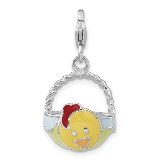 Sterling Silver Enameled 3-D Baby Hen Basket Charm W/Lobster Clasp