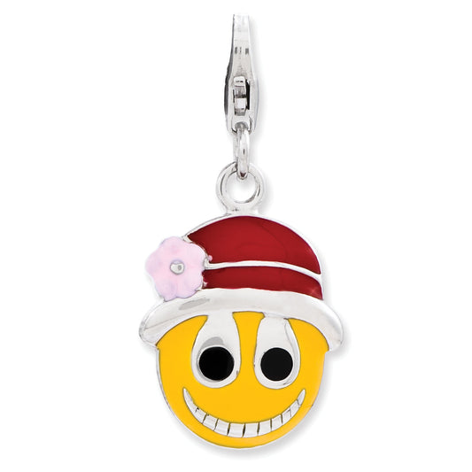Sterling Silver Enameled Face W/Flower Hat W/Lobster Clasp Charm