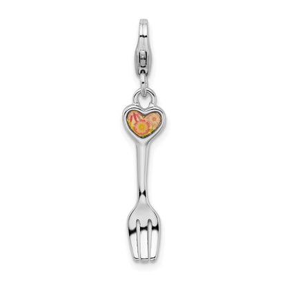 Sterling Silver Rh 3-D Flower Heart Fork W/Lobster Clasp Charm