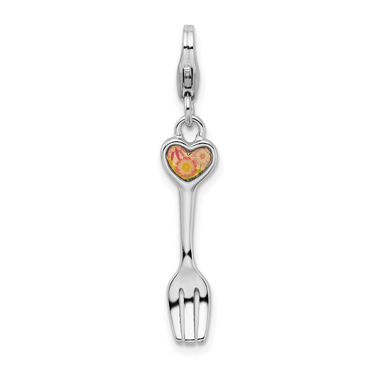 Sterling Silver Rh 3-D Flower Heart Fork W/Lobster Clasp Charm