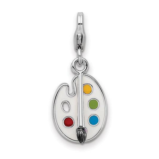 Sterling Silver Amore La Vita Rhodium-Plated Polished Enameled 3-D Palette And Brush Charm With Fancy Lobster Clasp