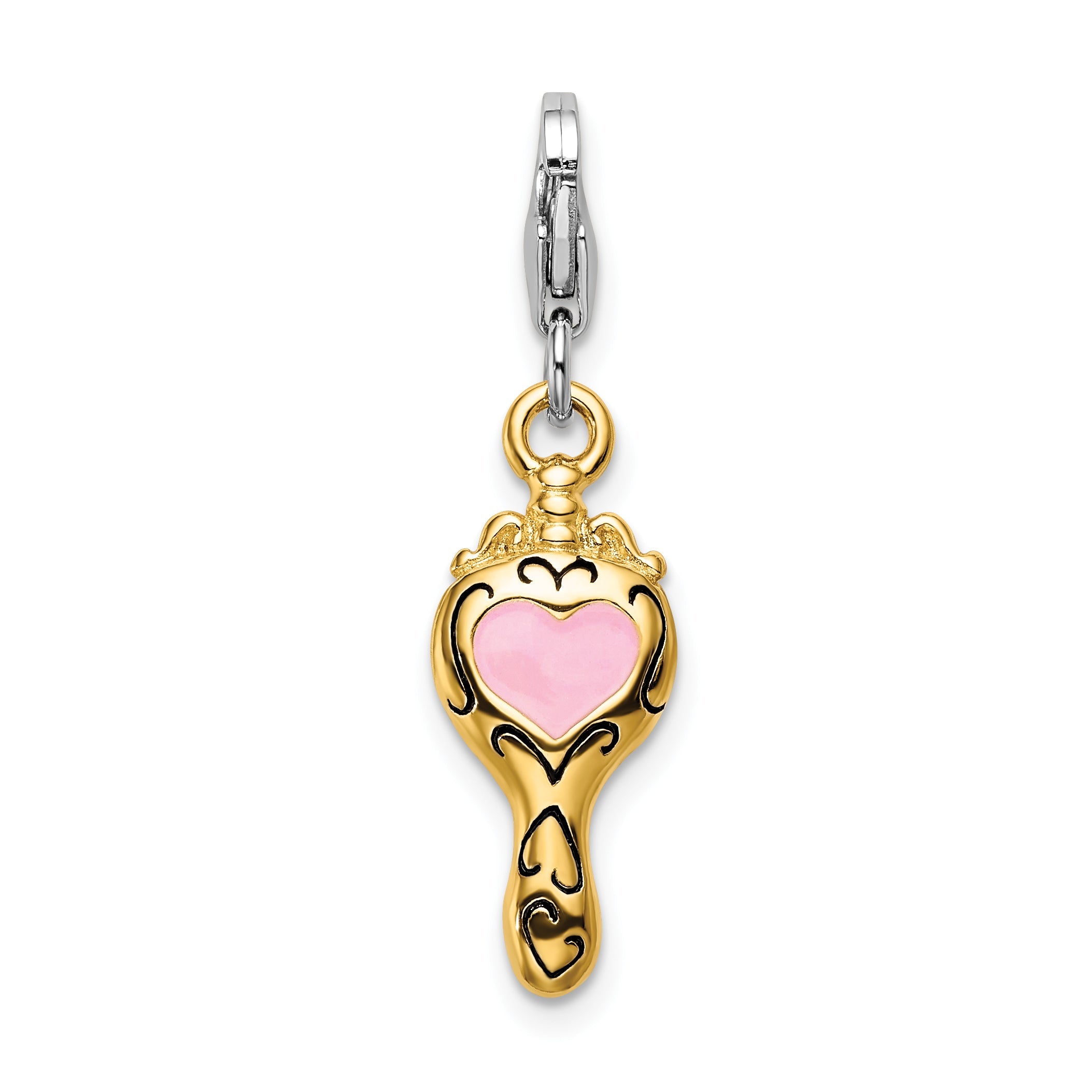 Sterling Silver Amore La Vita Rhodium-Plated And Gold-Plated Polished Enameled 3-D Heart Mirror Charm With Fancy Lobster Clasp