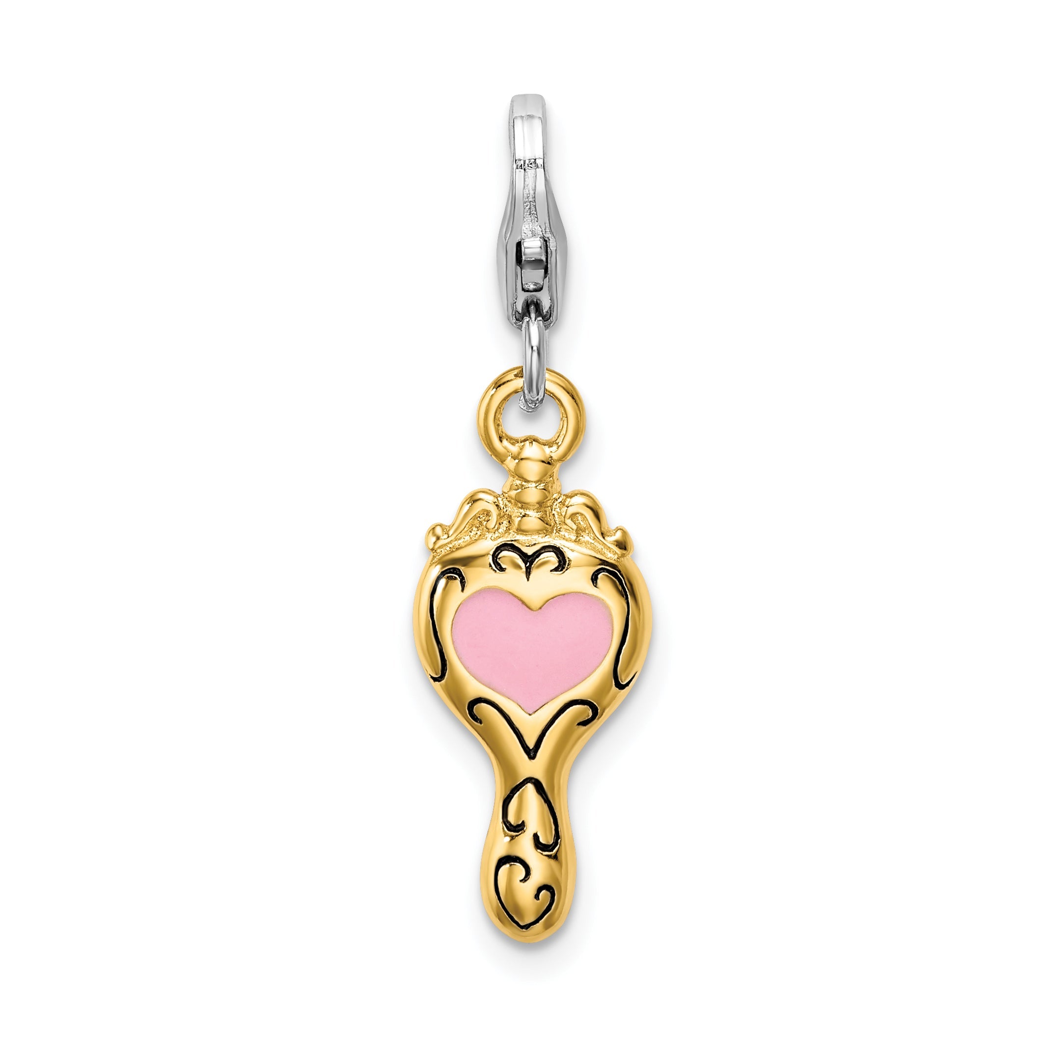 Sterling Silver Amore La Vita Rhodium-Plated And Gold-Plated Polished Enameled 3-D Heart Mirror Charm With Fancy Lobster Clasp
