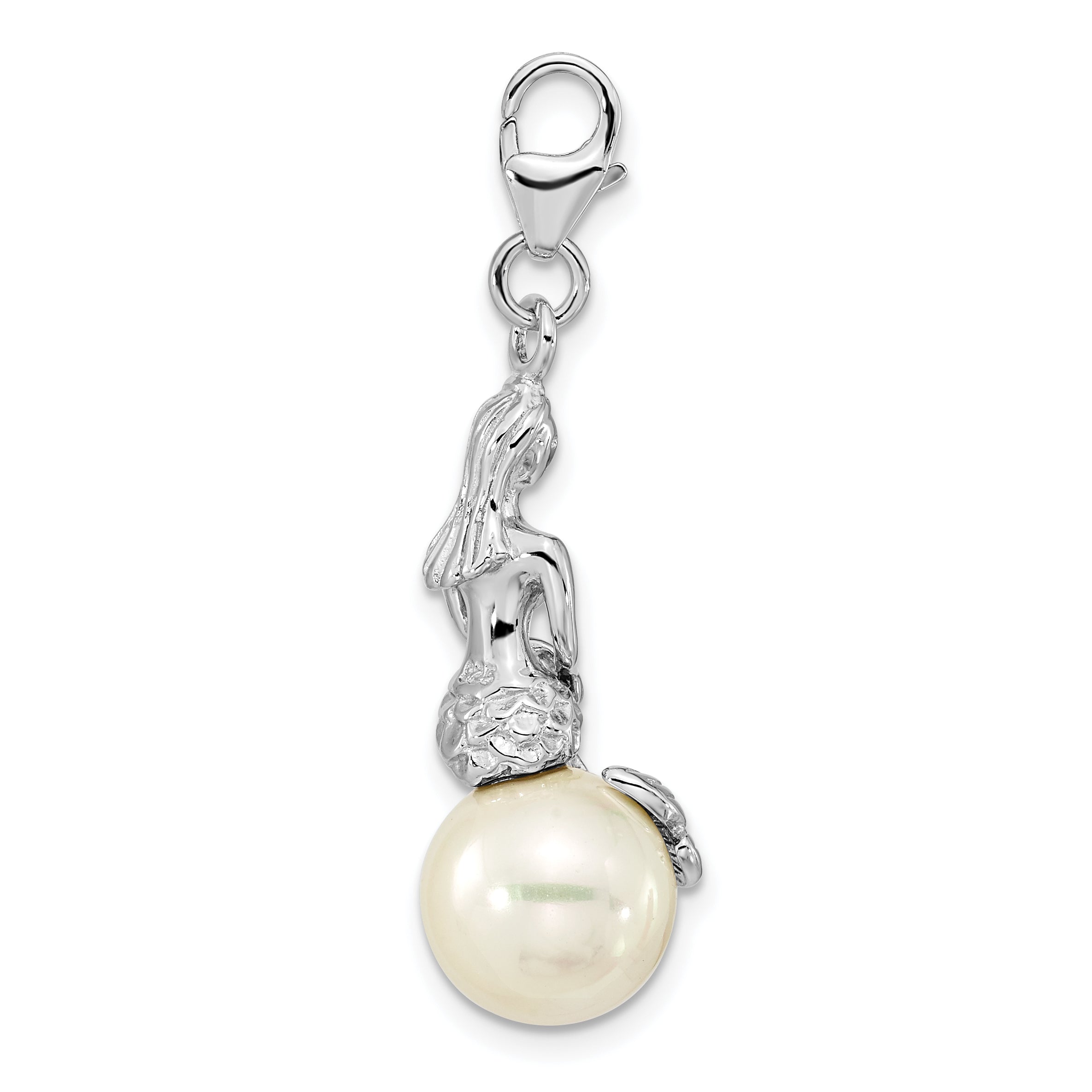 Sterling Silver Amore La Vita Rhodium-Plated 3-D Mother Of Pearl Mermaid Charm With Fancy Lobster Clasp
