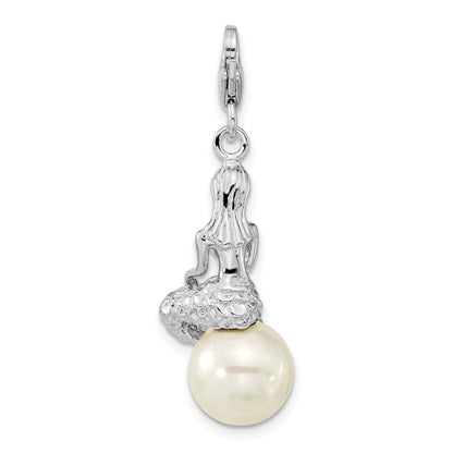 Sterling Silver Amore La Vita Rhodium-Plated 3-D Mother Of Pearl Mermaid Charm With Fancy Lobster Clasp