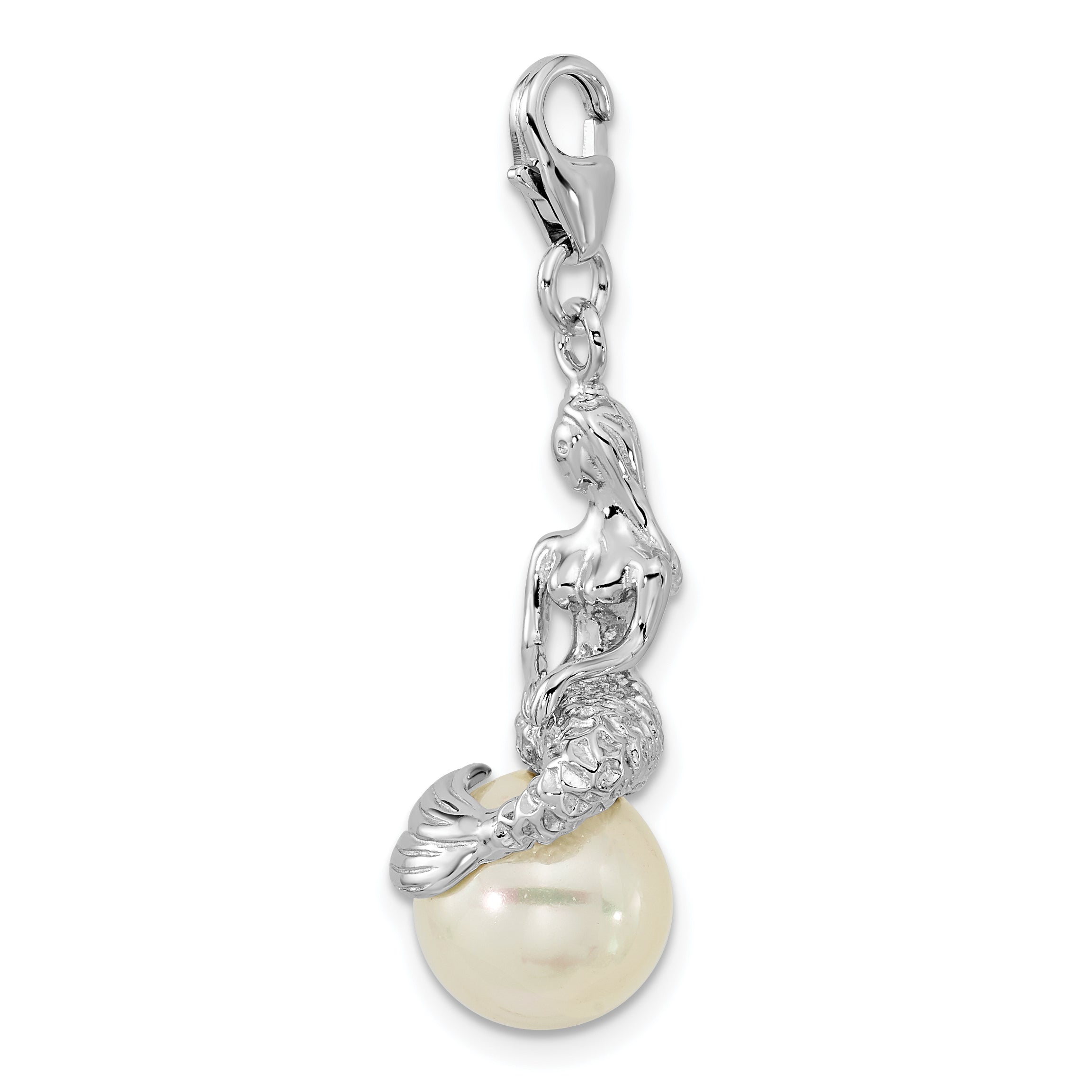 Sterling Silver Amore La Vita Rhodium-Plated 3-D Mother Of Pearl Mermaid Charm With Fancy Lobster Clasp