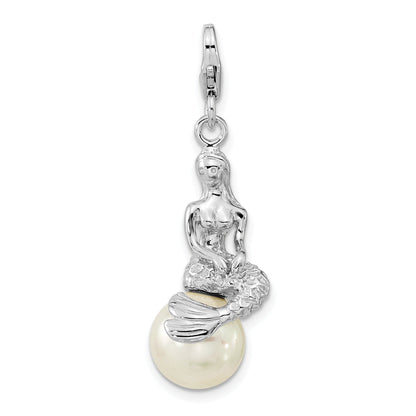 Sterling Silver Amore La Vita Rhodium-Plated 3-D Mother Of Pearl Mermaid Charm With Fancy Lobster Clasp