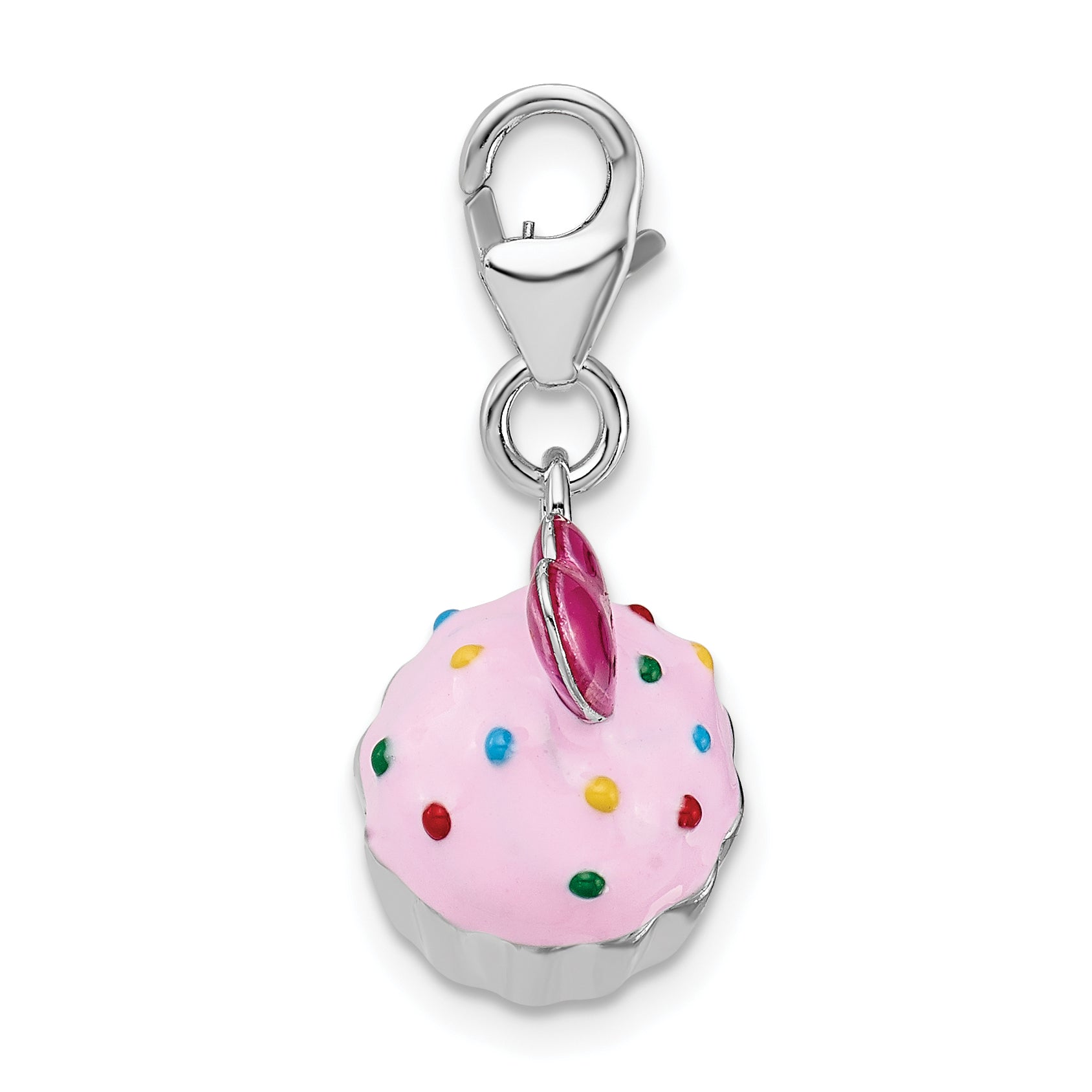 Sterling Silver Amore La Vita Rhodium-Plated Polished 3-D Enameled Cupcake And Heart Charm With Fancy Lobster Clasp