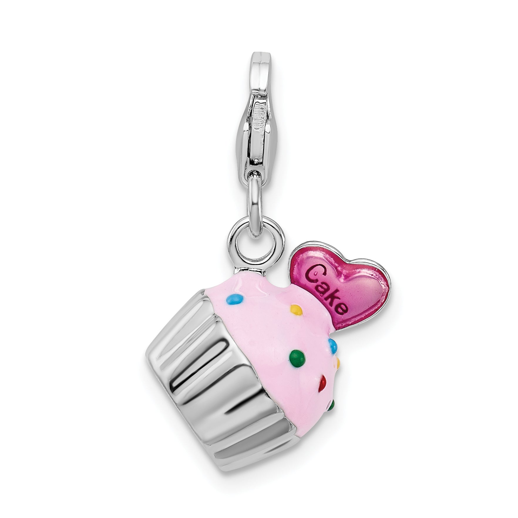 Sterling Silver Amore La Vita Rhodium-Plated Polished 3-D Enameled Cupcake And Heart Charm With Fancy Lobster Clasp