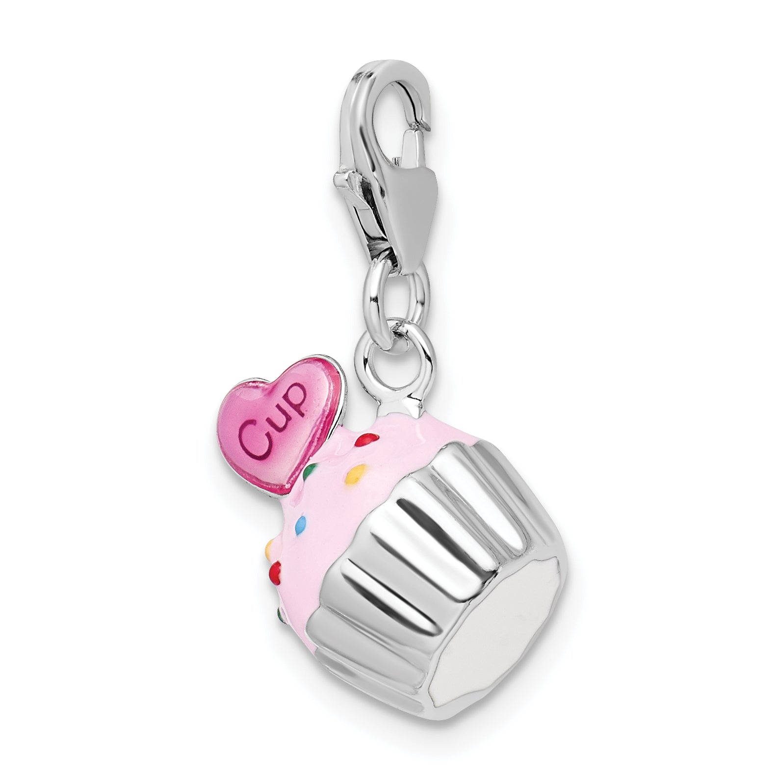 Sterling Silver Amore La Vita Rhodium-Plated Polished 3-D Enameled Cupcake And Heart Charm With Fancy Lobster Clasp
