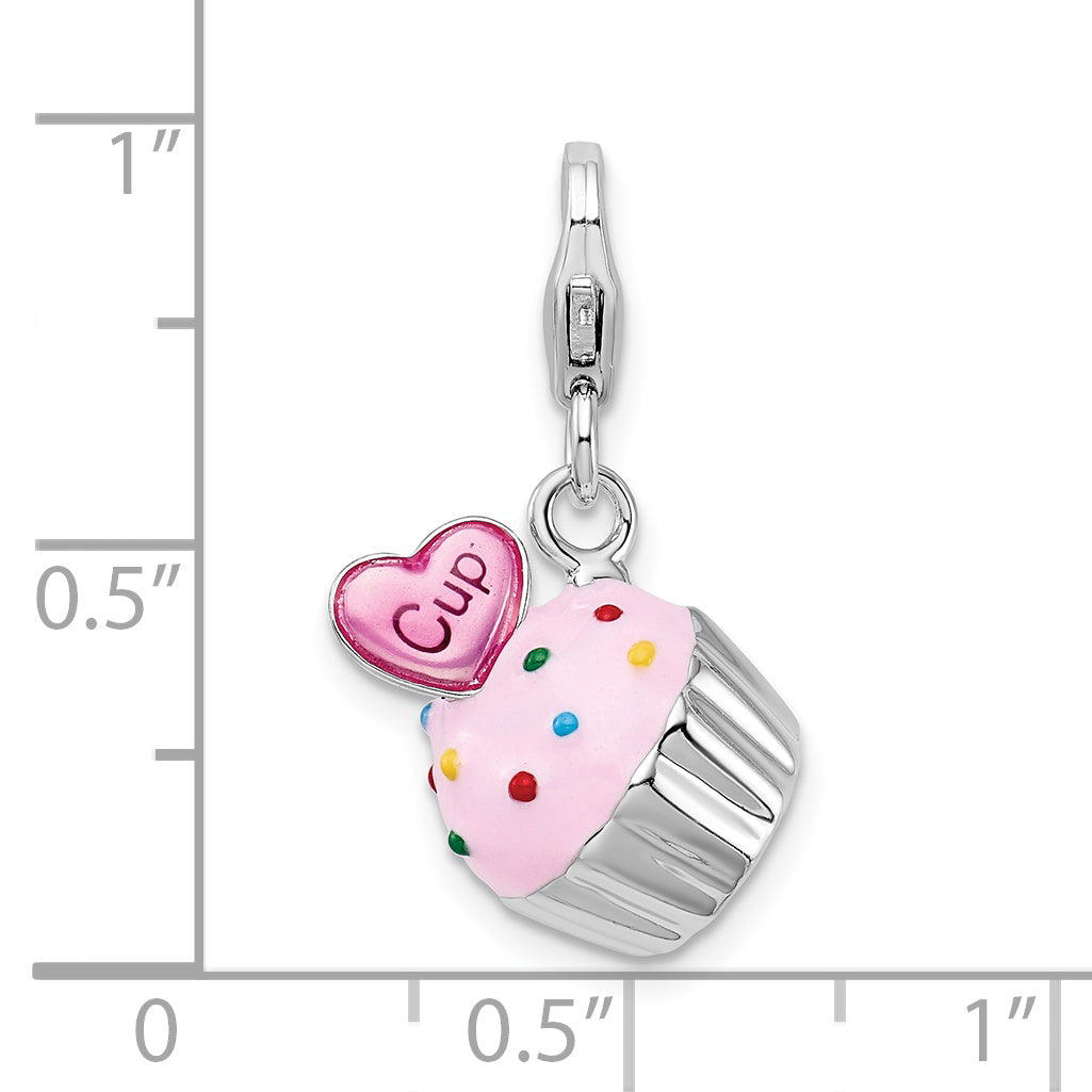Sterling Silver Amore La Vita Rhodium-Plated Polished 3-D Enameled Cupcake And Heart Charm With Fancy Lobster Clasp
