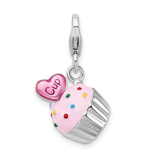 Sterling Silver Amore La Vita Rhodium-Plated Polished 3-D Enameled Cupcake And Heart Charm With Fancy Lobster Clasp