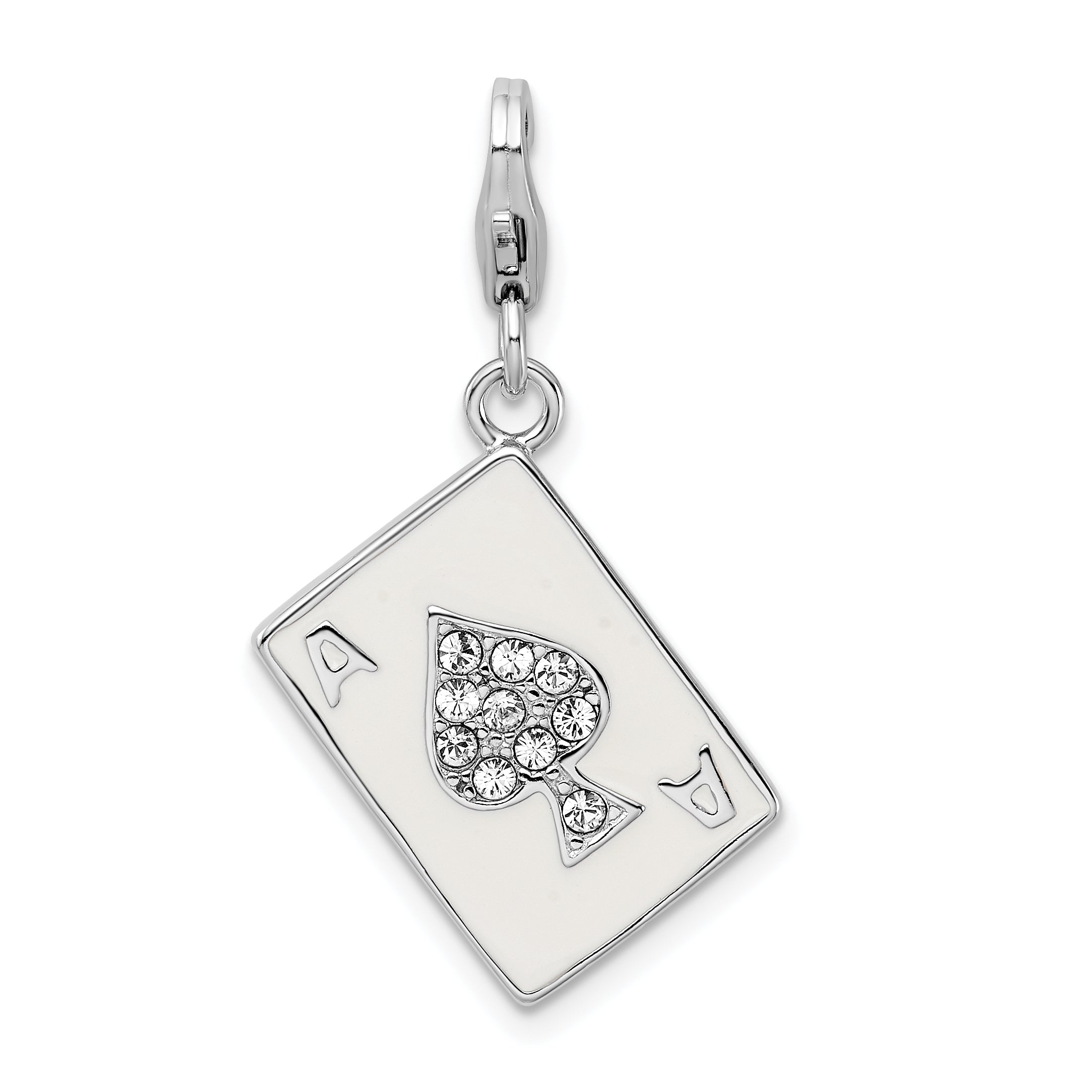 Sterling Silver Amore La Vita Rhodium-Plated Polished 3-D Enameled Swarovski Crystal Ace Charm With Fancy Lobster Clasp
