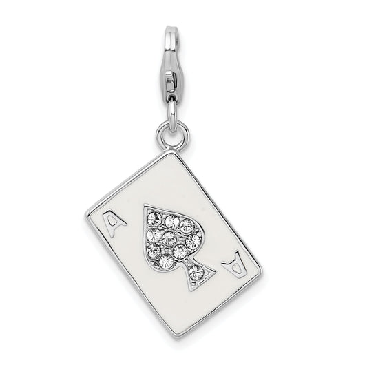 Sterling Silver Amore La Vita Rhodium-Plated Polished 3-D Enameled Swarovski Crystal Ace Charm With Fancy Lobster Clasp
