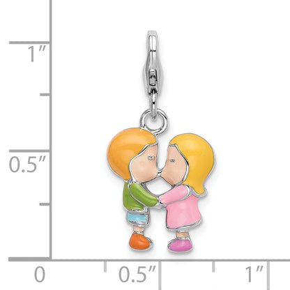 Sterling Silver Amore La Vita Rhodium-Plated Polished Enameled Kissing Couple Charm With Fancy Lobster Clasp