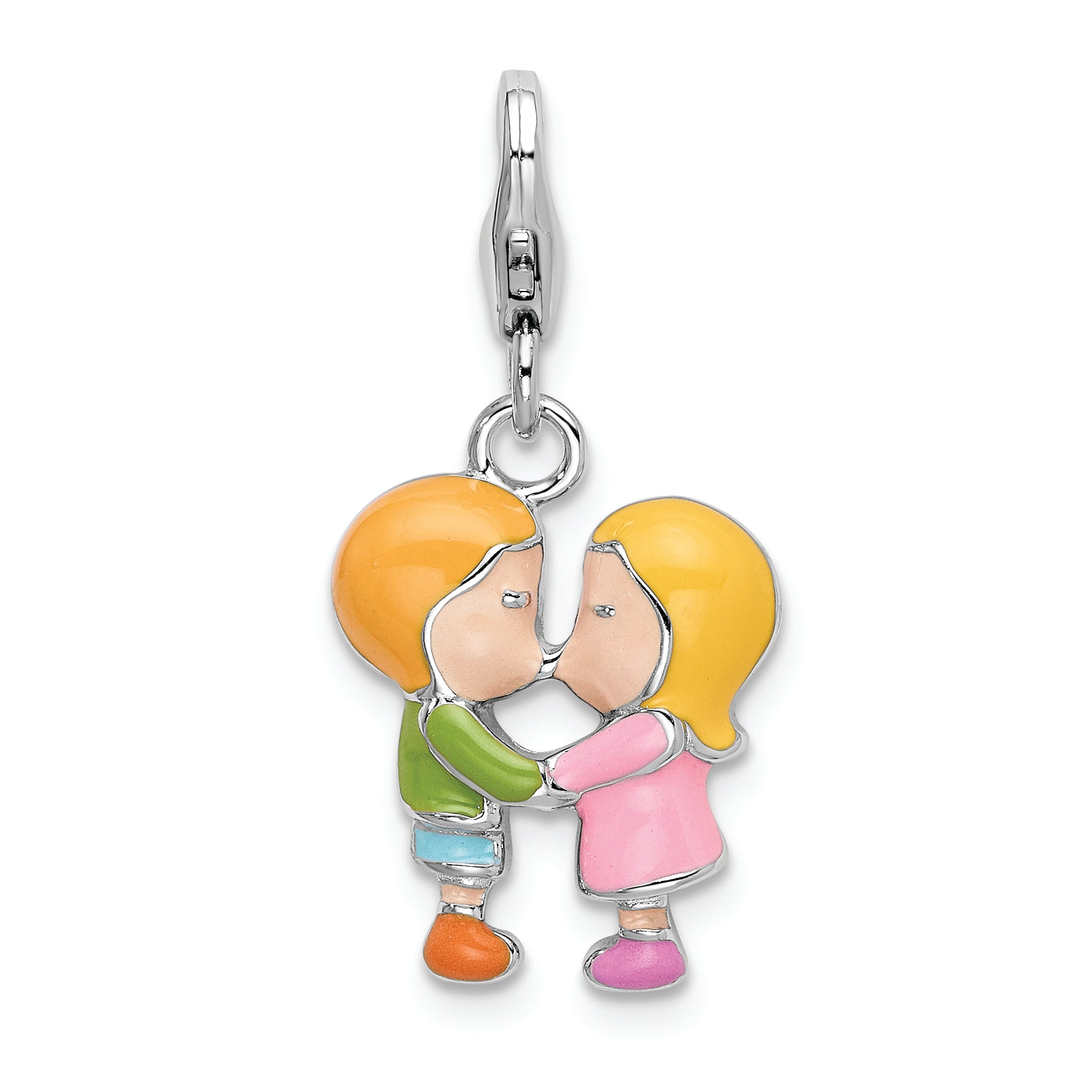 Sterling Silver Amore La Vita Rhodium-Plated Polished Enameled Kissing Couple Charm With Fancy Lobster Clasp