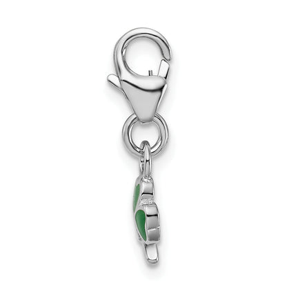 Sterling Silver Amore La Vita Rhodium-Plated Polished 3-D Green Enameled Clover Charm With Fancy Lobster Clasp