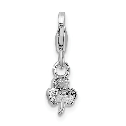 Sterling Silver Amore La Vita Rhodium-Plated Polished 3-D Green Enameled Clover Charm With Fancy Lobster Clasp