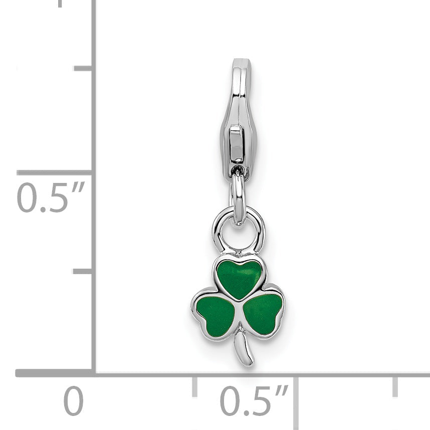 Sterling Silver Amore La Vita Rhodium-Plated Polished 3-D Green Enameled Clover Charm With Fancy Lobster Clasp
