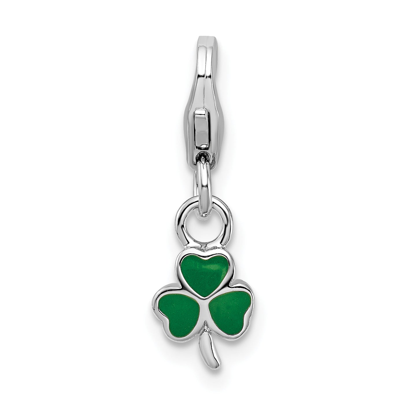 Sterling Silver Amore La Vita Rhodium-Plated Polished 3-D Green Enameled Clover Charm With Fancy Lobster Clasp