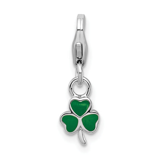 Sterling Silver Amore La Vita Rhodium-Plated Polished 3-D Green Enameled Clover Charm With Fancy Lobster Clasp