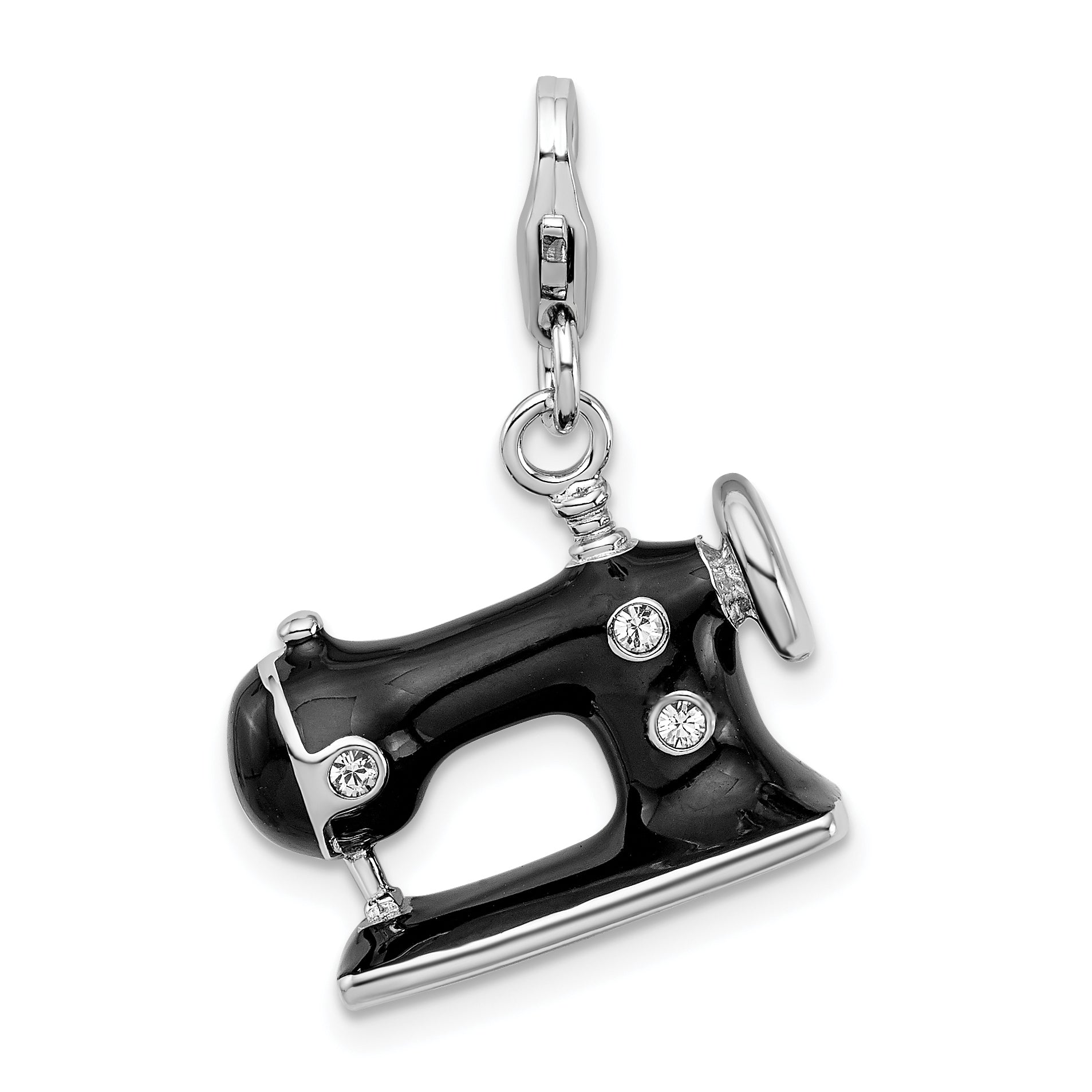 Sterling Silver Amore La Vita Rhodium-Plated Polished 3-D Enameled Sewing Machine Charm With Fancy Lobster Clasp